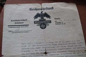 Preview: altes Arbeitszeugnis ?  Reichsnährstand - Blut und Boden - Varel 1939